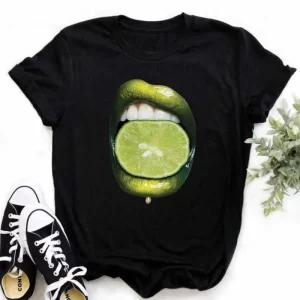 Maycaur New Women Fashion T Shirt Green Lips Print Tops Tee Female Cute Graphic Short Sleeve Tee Shirts Casual O-neck T-shirt