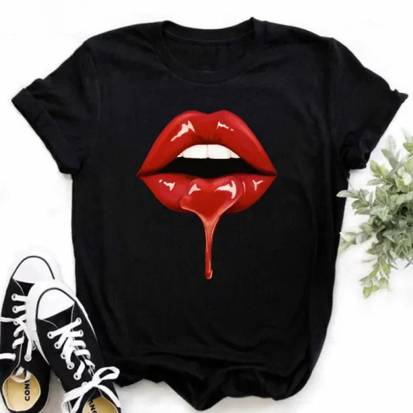 Maycaur New Women Fashion T Shirt Green Lips Print Tops Tee Female Cute Graphic Short Sleeve Tee Shirts Casual O-neck T-shirt - Image 4