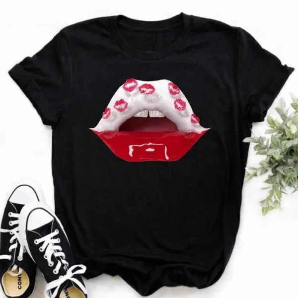 Maycaur New Women Fashion T Shirt Green Lips Print Tops Tee Female Cute Graphic Short Sleeve Tee Shirts Casual O-neck T-shirt - Image 2