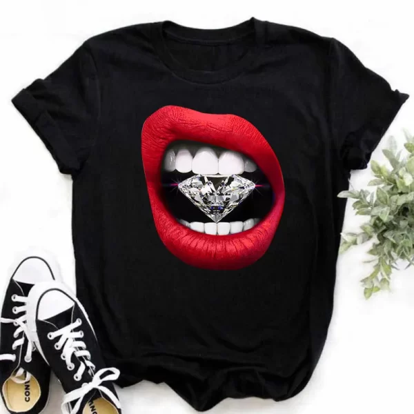 Maycaur New Women Fashion T Shirt Green Lips Print Tops Tee Female Cute Graphic Short Sleeve Tee Shirts Casual O-neck T-shirt - Image 3