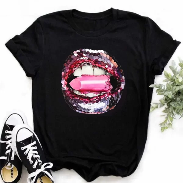Maycaur New Women Fashion T Shirt Green Lips Print Tops Tee Female Cute Graphic Short Sleeve Tee Shirts Casual O-neck T-shirt - Image 6
