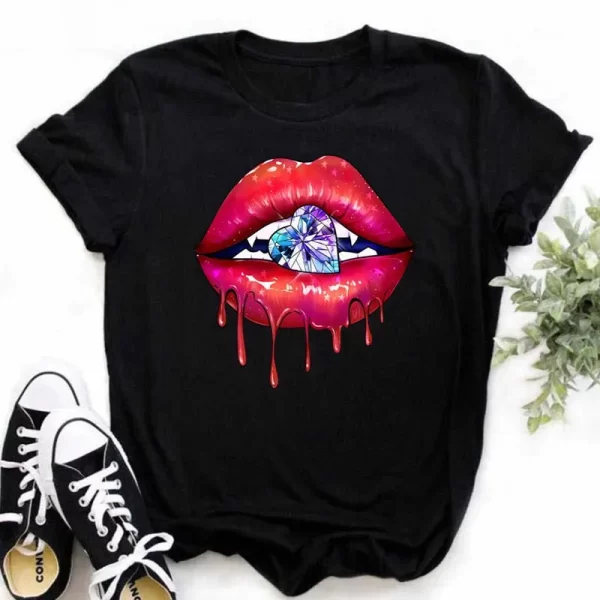 Maycaur New Women Fashion T Shirt Green Lips Print Tops Tee Female Cute Graphic Short Sleeve Tee Shirts Casual O-neck T-shirt - Image 5