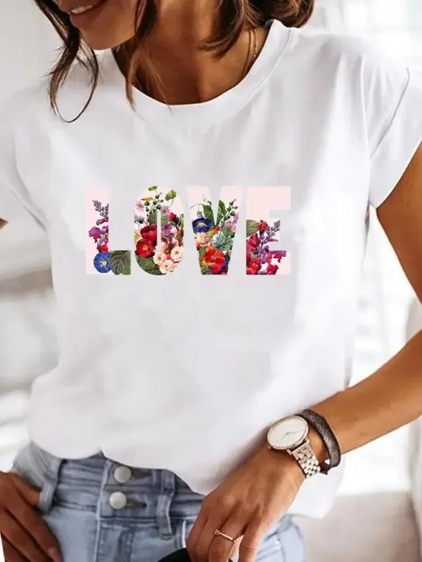 Short Sleeve Casual Ladies Fashion Female Graphic Tee Women Love Heart Watercolor Sweet Print Summer T Clothing T-shirts - Image 3