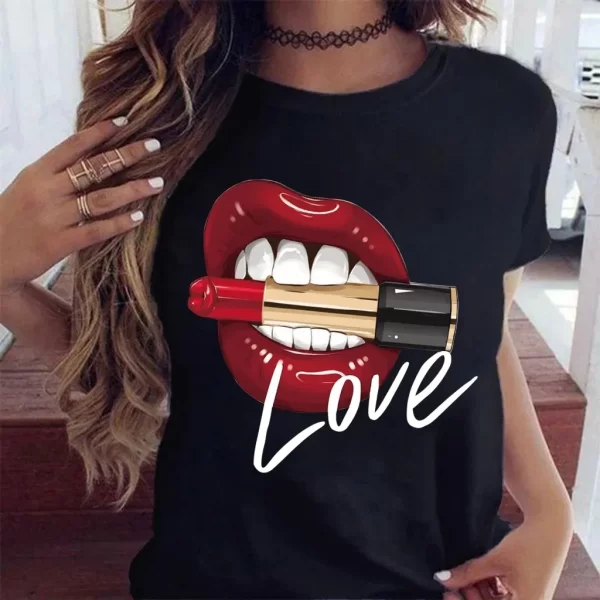 Women Tops O-neck Sexy Black Tees Kiss Lip Funny Summer Female Soft T Shirt Lips Watercolor Graphic T Shirt Top9180 - Image 2