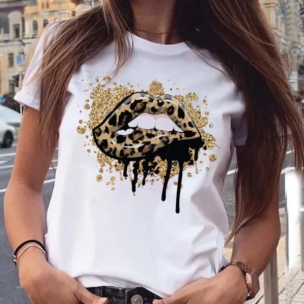 Pink Leopard Lips T Shirt Harajuku Short Sleeves T Shirt Women Lip Funny Printed Girl Black Tshirt Cartoon Graphic Tee Shirt - Image 6
