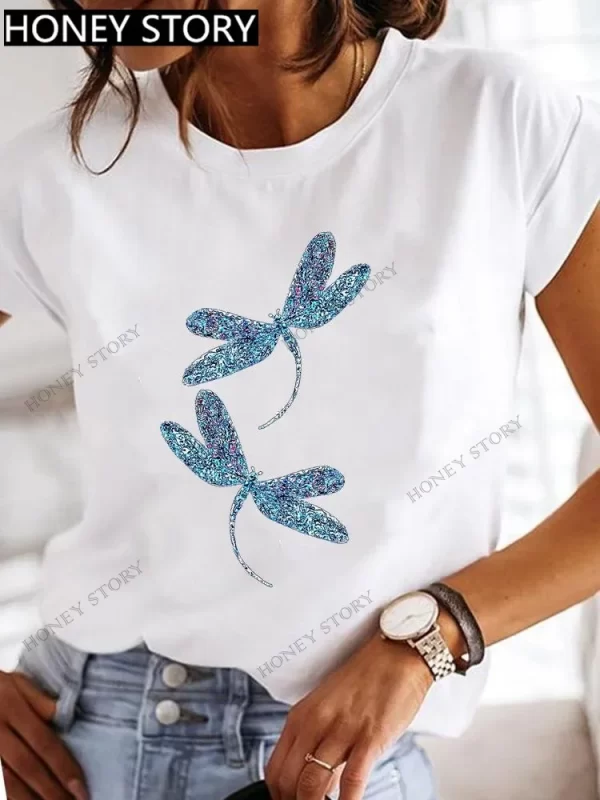 Explosive Dragonfly Butterfly Print Base Top Loose Women's Short-sleeved T-shirt Round Neck Oversized T Shirt Women Clothes TEE - Image 2