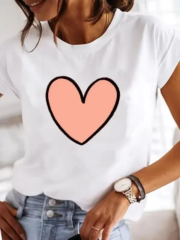 Short Sleeve Casual Ladies Fashion Female Graphic Tee Women Love Heart Watercolor Sweet Print Summer T Clothing T-shirts - Image 2
