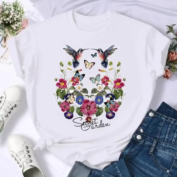 Short Sleeve Butterfly Bow Sweet Flower Fashion Summer Women Print T Shirt Female Casual Top Tshirts Cartoon Graphic Tee T-Shirt - Image 2