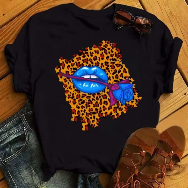 Pink Leopard Lips T Shirt Harajuku Short Sleeves T Shirt Women Lip Funny Printed Girl Black Tshirt Cartoon Graphic Tee Shirt - Image 4