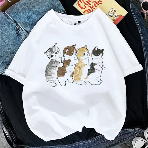 Tops Woman 2024 T Shirt Kawaii Cat Shark Print T-shirt Summer Korean Harajuku Fashion Short Sleeve Tee Funny Animal Graphic Tee - Image 5