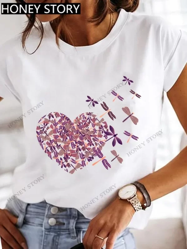 Explosive Dragonfly Butterfly Print Base Top Loose Women's Short-sleeved T-shirt Round Neck Oversized T Shirt Women Clothes TEE - Image 4
