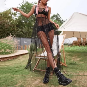Women Cover Up Dress Shiny Sequined Sleeveless Backless Sheer Mesh Loose Split Dress Summer Holiday ​Beach Smock