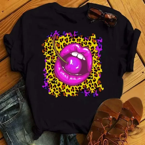 Pink Leopard Lips T Shirt Harajuku Short Sleeves T Shirt Women Lip Funny Printed Girl Black Tshirt Cartoon Graphic Tee Shirt - Image 3
