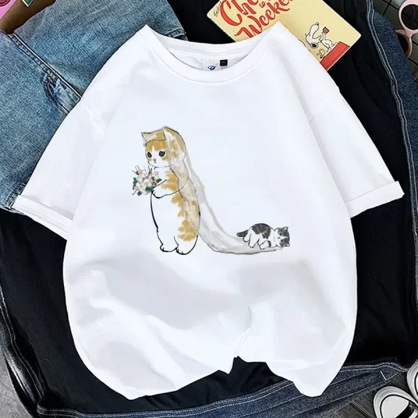 Tops Woman 2024 T Shirt Kawaii Cat Shark Print T-shirt Summer Korean Harajuku Fashion Short Sleeve Tee Funny Animal Graphic Tee - Image 4