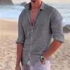 2024 New Men's Shirt Cotton linen Fashion Casual Polo Neck Beach Shirt Long Sleeve Solid Hawaiian Holiday Shirts - Image 2