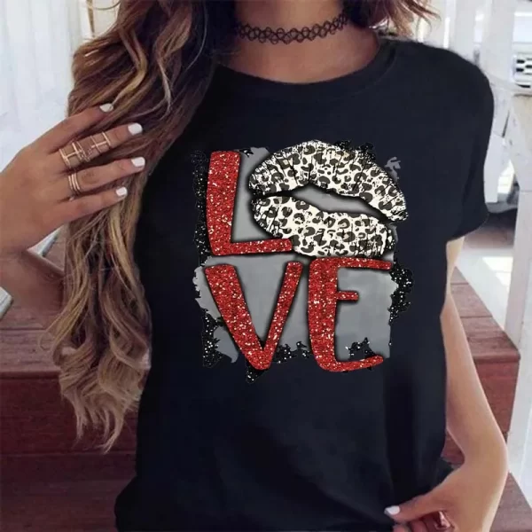 Pink Leopard Lips T Shirt Harajuku Short Sleeves T Shirt Women Lip Funny Printed Girl Black Tshirt Cartoon Graphic Tee Shirt - Image 2