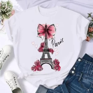 Short Sleeve Butterfly Bow Sweet Flower Fashion Summer Women Print T Shirt Female Casual Top Tshirts Cartoon Graphic Tee T-Shirt