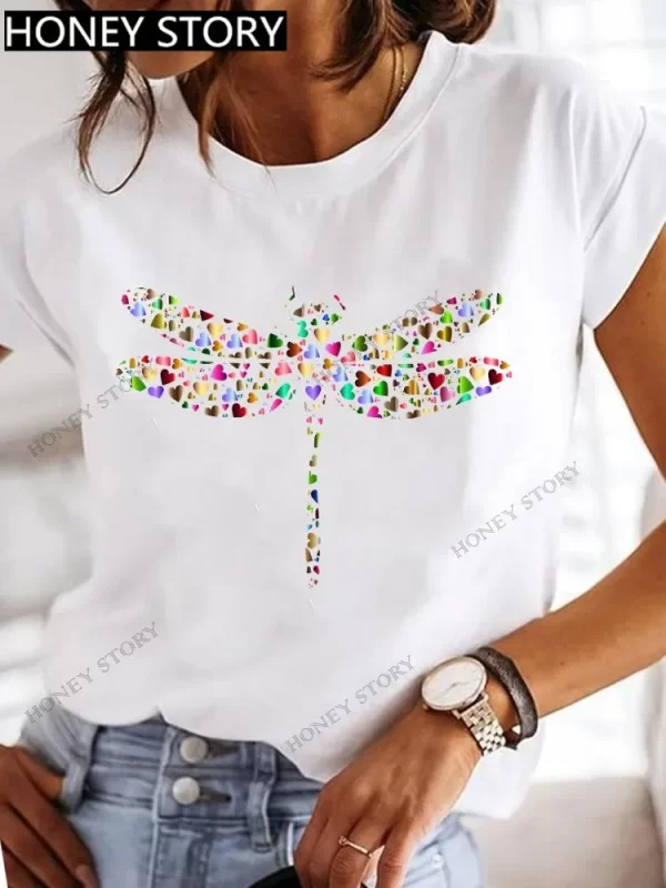 Explosive Dragonfly Butterfly Print Base Top Loose Women's Short-sleeved T-shirt Round Neck Oversized T Shirt Women Clothes TEE - Image 5