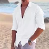 2024 New Men's Shirt Cotton linen Fashion Casual Polo Neck Beach Shirt Long Sleeve Solid Hawaiian Holiday Shirts - Image 4