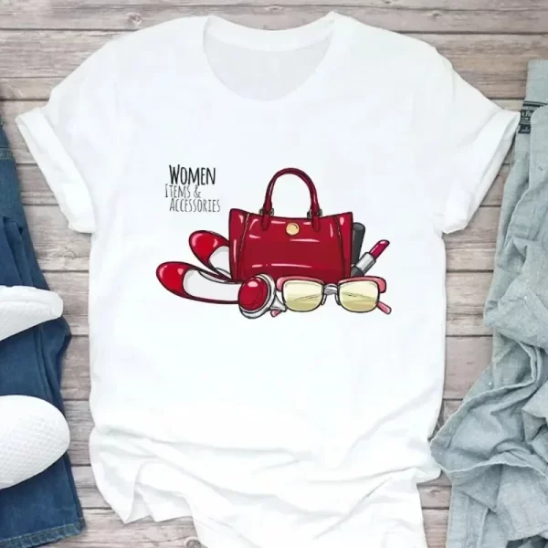 Women's T Shirt Summer Fashion Girl Bag Printed Ladies T-shirt Casual Short Sleeve Female Clothing Top Tee White Short Sleeve - Image 2