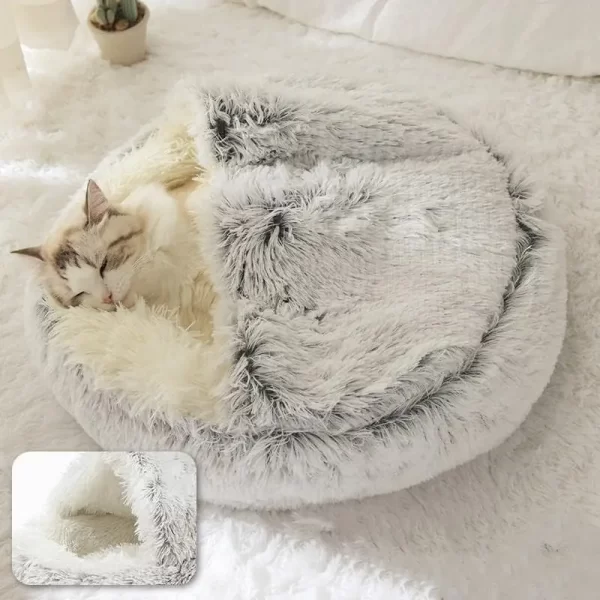 Soft Plush Pet Bed with Cover Round Cat Bed Pet Mattress Warm Cat Dog 2 in 1 Sleeping Nest Cave for Small Dogs - Image 2
