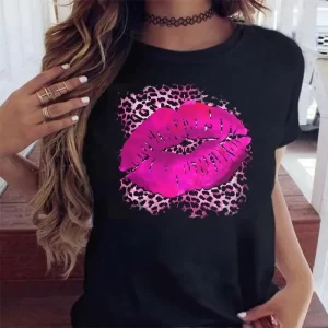 Pink Leopard Lips T Shirt Harajuku Short Sleeves T Shirt Women Lip Funny Printed Girl Black Tshirt Cartoon Graphic Tee Shirt