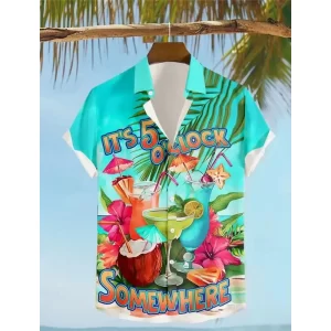 It'S 5 O'Clock Somewhere Parrot Men'S Resort Hawaiian 3D Printed Shirt Button Up Short Sleeve Summer Beach Shirt Vacation Wear