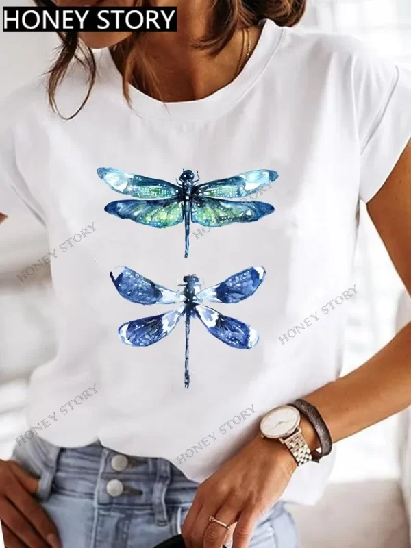 Explosive Dragonfly Butterfly Print Base Top Loose Women's Short-sleeved T-shirt Round Neck Oversized T Shirt Women Clothes TEE - Image 6