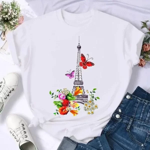 Short Sleeve Butterfly Bow Sweet Flower Fashion Summer Women Print T Shirt Female Casual Top Tshirts Cartoon Graphic Tee T-Shirt - Image 3