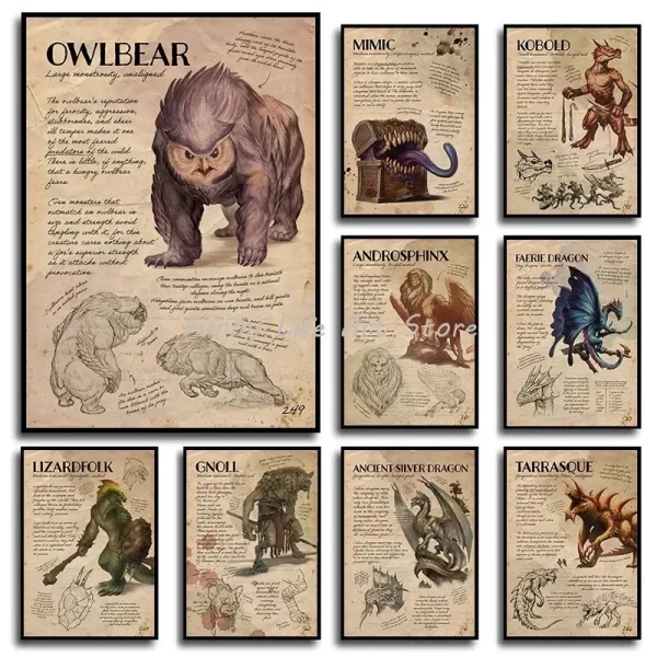 D&D Monster Manual Movie Game Dungeons & Dragons Posters and Prints Canvas Printing Wall Art Picture for Gaming Room Decor Gift