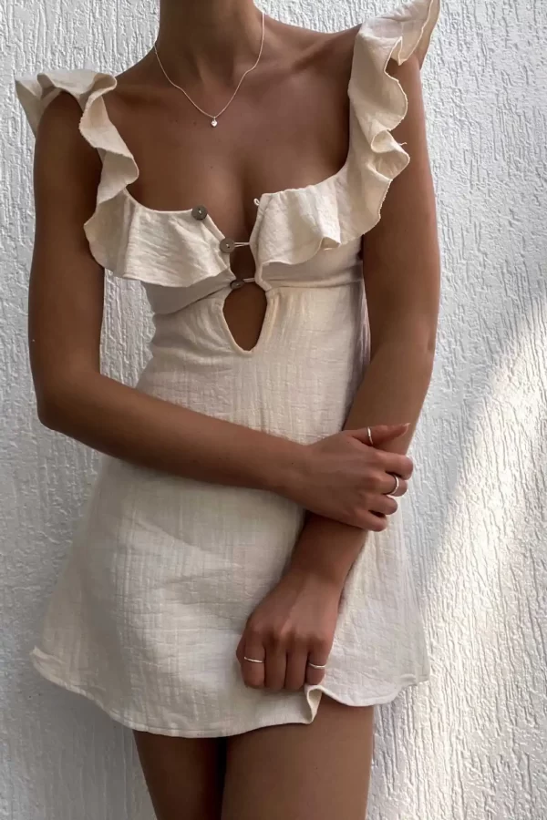 Holiday Retro Mini Beach Dress for Women Summer 2024 New Fashion Sexy Ruffled Strap Dress Women Hollow Out Short Dress Vestidos - Image 5