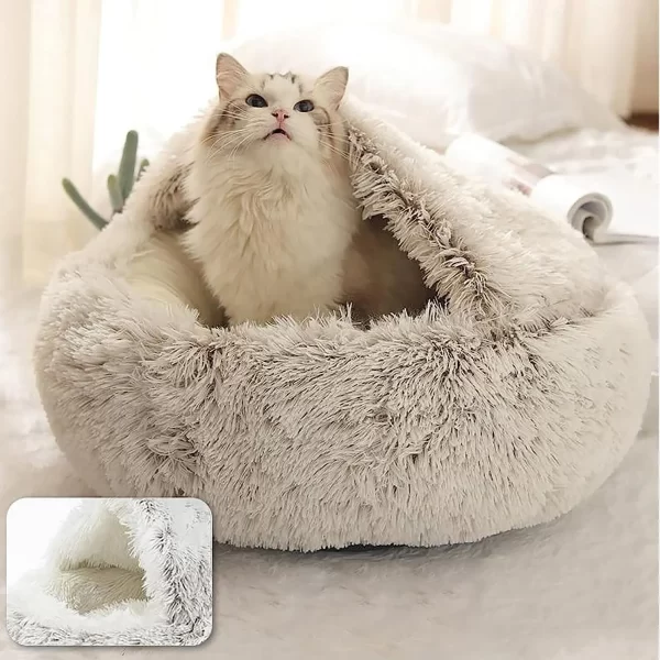 Soft Plush Pet Bed with Cover Round Cat Bed Pet Mattress Warm Cat Dog 2 in 1 Sleeping Nest Cave for Small Dogs - Image 4
