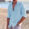 2024 New Men's Shirt Cotton linen Fashion Casual Polo Neck Beach Shirt Long Sleeve Solid Hawaiian Holiday Shirts - Image 3