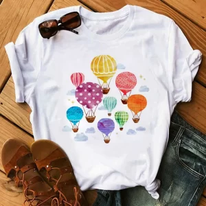 Cute Cartoon Flower Balloon Half Sleeve Base Bf Wind Round Neck Short Sleeve T-shirt Woman Harajuku Oversized T Shirt
