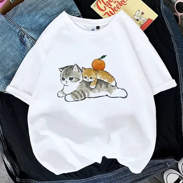 Tops Woman 2024 T Shirt Kawaii Cat Shark Print T-shirt Summer Korean Harajuku Fashion Short Sleeve Tee Funny Animal Graphic Tee - Image 3