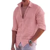 2024 New Men's Shirt Cotton linen Fashion Casual Polo Neck Beach Shirt Long Sleeve Solid Hawaiian Holiday Shirts