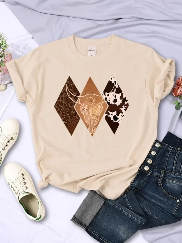Kawaii Woman T-Shirts Cowboy Style Pattern Printed Short Sleeve Breathable O-Neck Soft Tee Shirts Summer Street Female Clothes