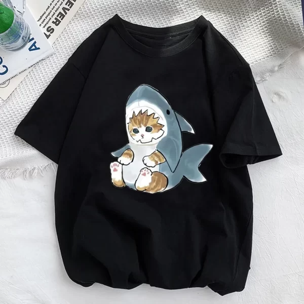 Tops Woman 2024 T Shirt Kawaii Cat Shark Print T-shirt Summer Korean Harajuku Fashion Short Sleeve Tee Funny Animal Graphic Tee - Image 2