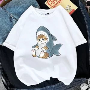 Tops Woman 2024 T Shirt Kawaii Cat Shark Print T-shirt Summer Korean Harajuku Fashion Short Sleeve Tee Funny Animal Graphic Tee