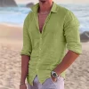 2024 New Men's Shirt Cotton linen Fashion Casual Polo Neck Beach Shirt Long Sleeve Solid Hawaiian Holiday Shirts - Image 5