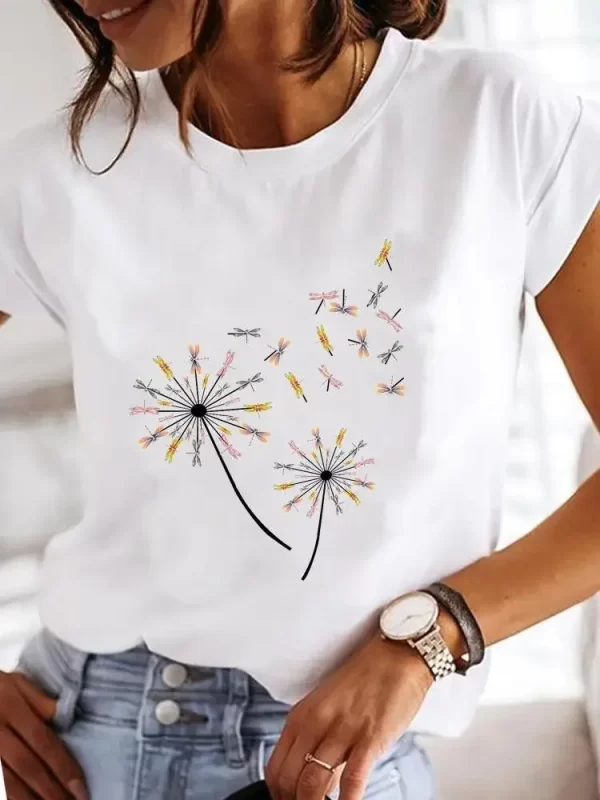 Explosive Dragonfly Butterfly Print Base Top Loose Women's Short-sleeved T-shirt Round Neck Oversized T Shirt Women Clothes TEE