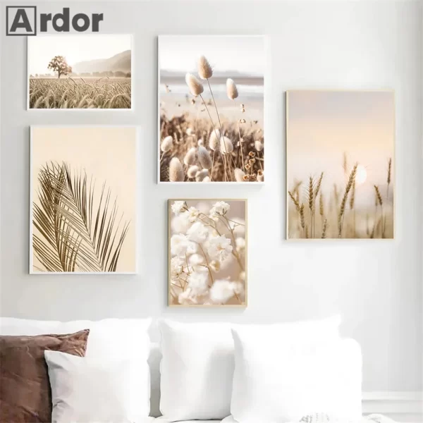 Sunset Sea Lake Boat Bridge Canvas Painting Seagull Beach Poster Beige Leaf Reed Wall Art Print Nordic Wall Pictures Home Decor - Image 4