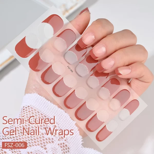 Nude Pink French Semi-Cured Gel Nail Patch Slider Adhesive Waterproof Long Lasting Full Cover Gel Nail Sticker UV Lamp Needed *^ - Image 6
