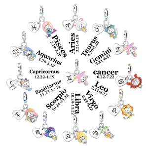 Lovely 925 Sterling Silver 12 Zodiac Signs&Badge Combination Charm Fit DIY Brand Bracelet Birthday Wishes and Lucky Jewelry