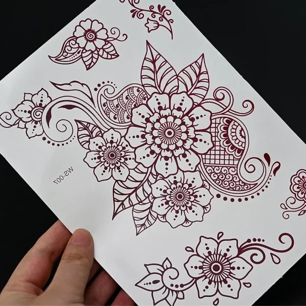 Waterproof Maroon Henna Temporary Tattoo Stickers Flower Instant Fake Tattoo Hand Temporary Tattoos for Wedding Party Festival * - Image 4