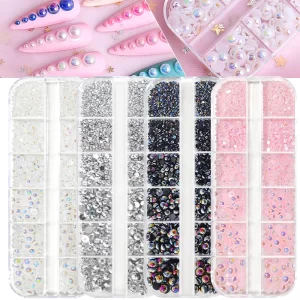 12/6 Grids Flatback AB Pearl Nail Art Decorations Charms White Pink Silver Beads 3D Nail Jewelry Crystal Rhinestone DIY Manicure