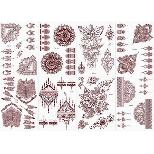 Waterproof Maroon Henna Temporary Tattoo Stickers Flower Instant Fake Tattoo Hand Temporary Tattoos for Wedding Party Festival * - Image 6