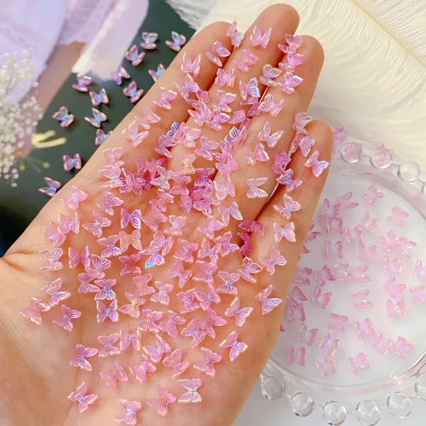 100Pcs Colorful Aurora Butterfly Nail Art Decoration 6mm Resin Mini 3D Butterfly Nail Charms AB /Pink Cute Manicure Butterfly N* - Image 2