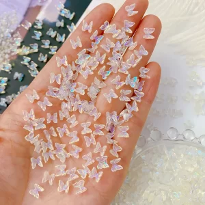 100Pcs Colorful Aurora Butterfly Nail Art Decoration 6mm Resin Mini 3D Butterfly Nail Charms AB /Pink Cute Manicure Butterfly N*