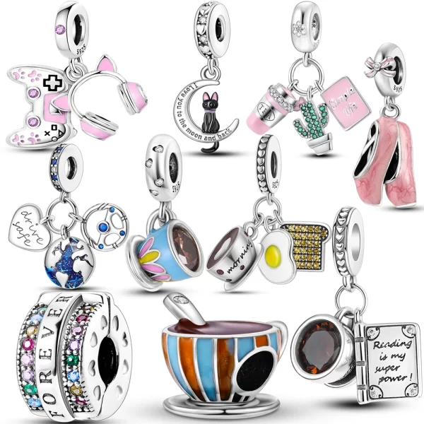Hot Sale 925 Sterling Silver Coffee Cup Book Charms Fit Original Bracelet Necklace DIY Beads For Women Jewelry Making
